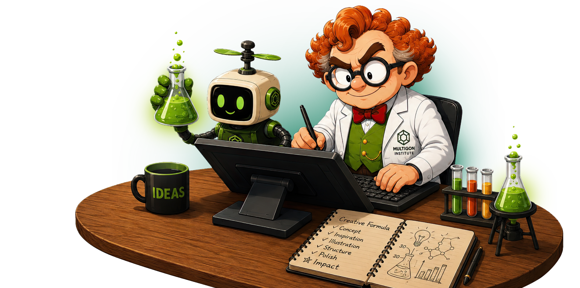 MultigonLab mascot at his desk