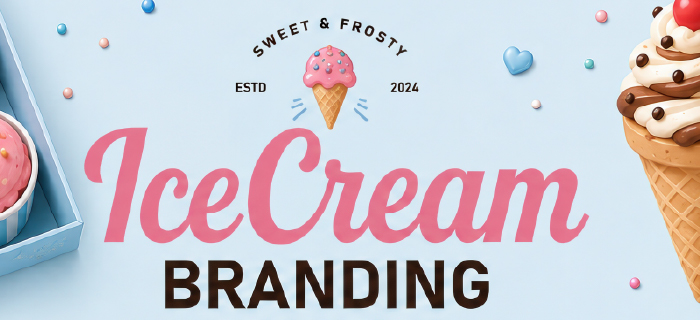 Ice cream branding collection preview card with pastel dessert packaging