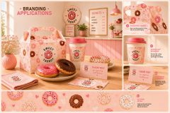 Bakery branding applications featuring donut illustrations packaging graphics and cafe branding assets