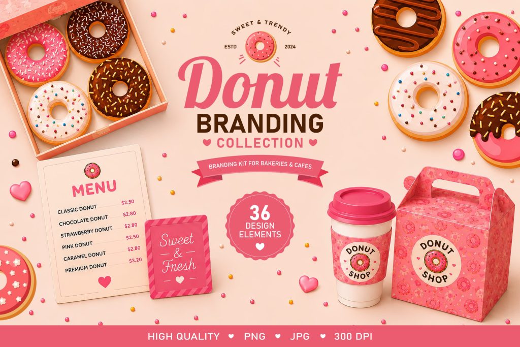 Donut Branding Collection for bakeries and cafes with donut illustrations, seamless patterns and packaging design elements