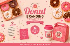 Donut Branding Collection for bakeries and cafes with donut illustrations, seamless patterns and packaging design elements