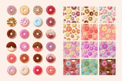 Donut illustrations and seamless patterns collection for bakery branding and packaging design