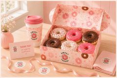 Donut packaging design mockup with branded bakery box coffee cup and stationery elements