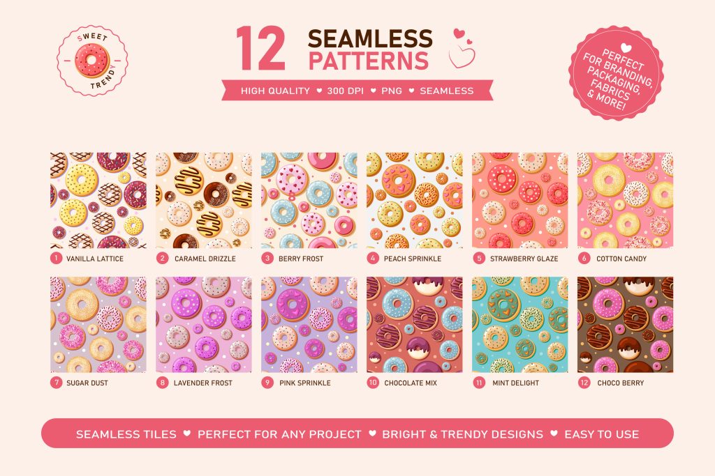 12 seamless donut patterns for bakery packaging branding textiles and surface design