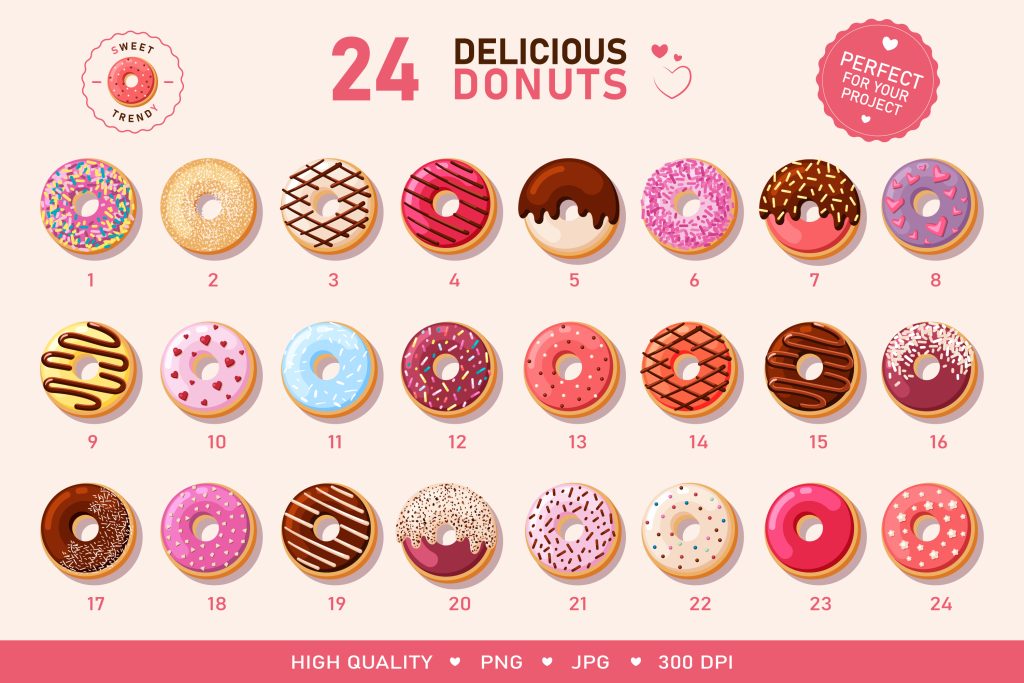 24 colorful donut vector illustrations for bakery branding packaging and marketing projects