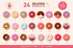 24 colorful donut vector illustrations for bakery branding packaging and marketing projects