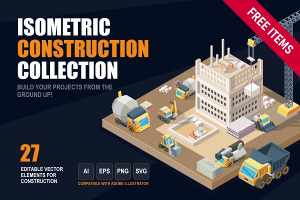 Free Isometric Construction Collection cover with a building under construction, cranes, trucks and 27 editable vector elements