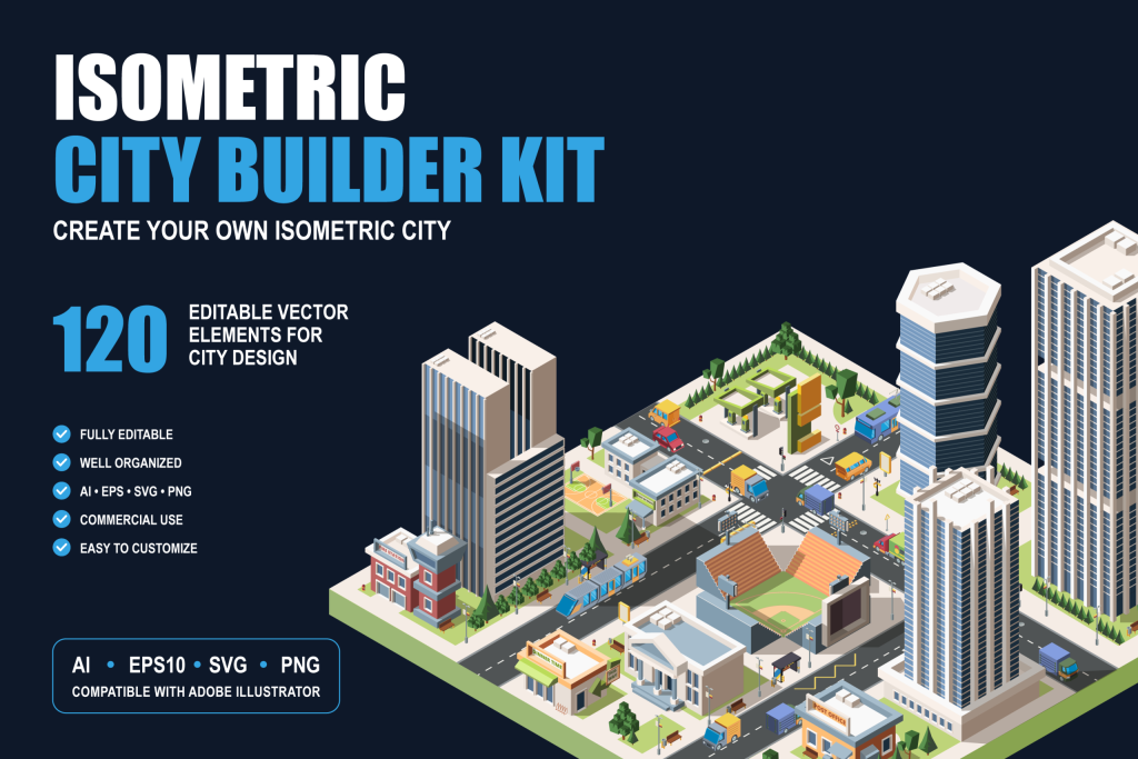 isometric city builder kit cover with 120 city assets