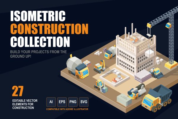 Isometric construction asset collection with construction vehicles building materials and residential building process elements