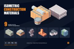 Isometric construction materials vector pack with cement bags concrete slabs bricks gypsum boards and building supplies