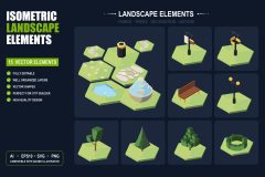 Isometric landscape elements — trees, benches, fountains and city builder terrain pieces