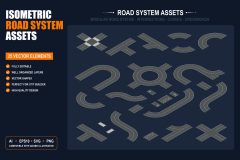 Isometric road system assets — modular roads, intersections and crosswalks
