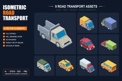 Isometric road transport assets — 9 editable vehicle vectors including trucks, vans and cars