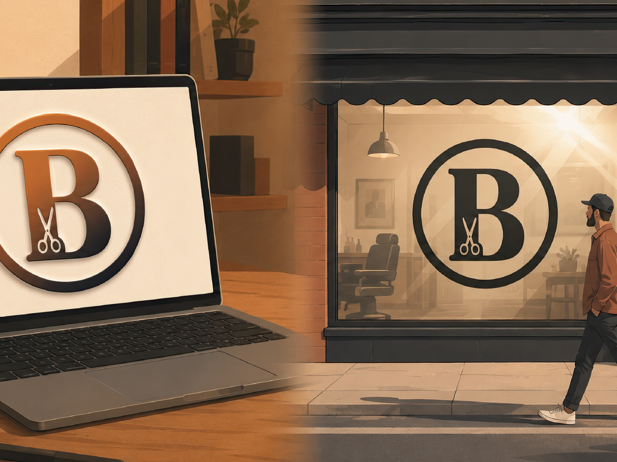 A barbershop logo rendered with a gradient on a laptop screen next to the same logo as a flat vinyl decal on the shop window in daylight