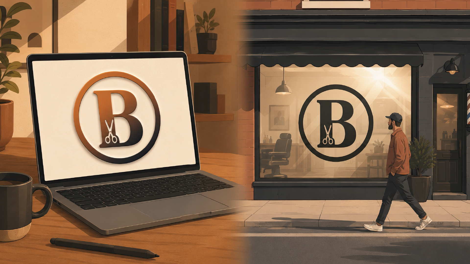 Split scene: a barbershop B-and-scissors logo shown polished with a gradient on a laptop screen, and the same logo as a flat black vinyl decal on the shop window as a pedestrian walks past