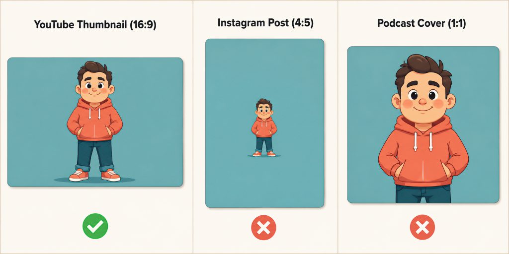 Comparison showing the same mascot character looking balanced in a YouTube thumbnail, lost in empty space on Instagram, and cropped at the feet on a podcast cover