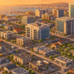 Isometric city skyline thumbnail at sunset