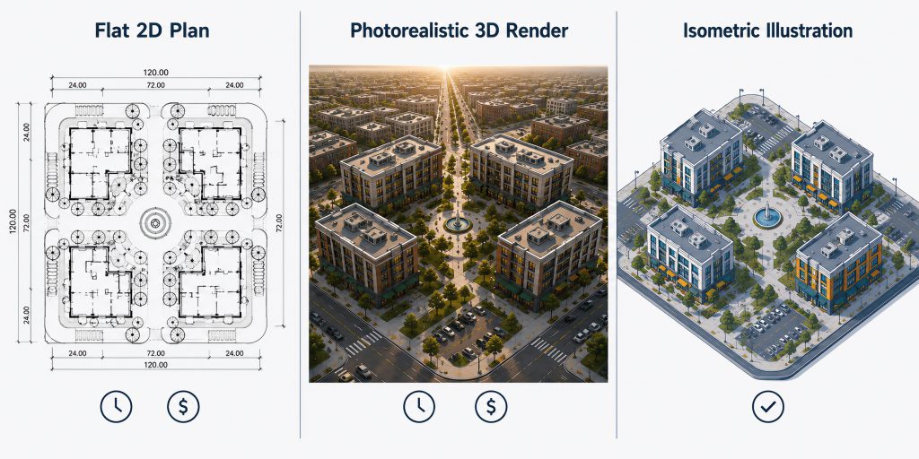 Comparison infographic showing the same city block as a flat 2D floor plan, a photorealistic 3D render, and an isometric illustration side by side