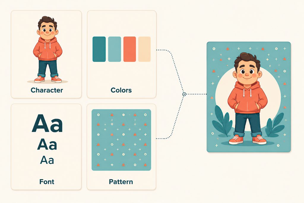 Diagram showing four simple pieces — character, colors, font, and pattern — combining into one creator brand identity