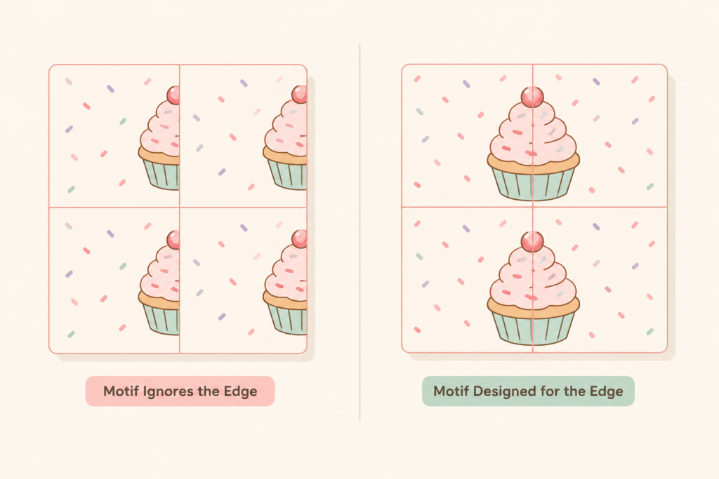 Comparison of a pattern motif that ignores the tile edge versus one designed to continue seamlessly