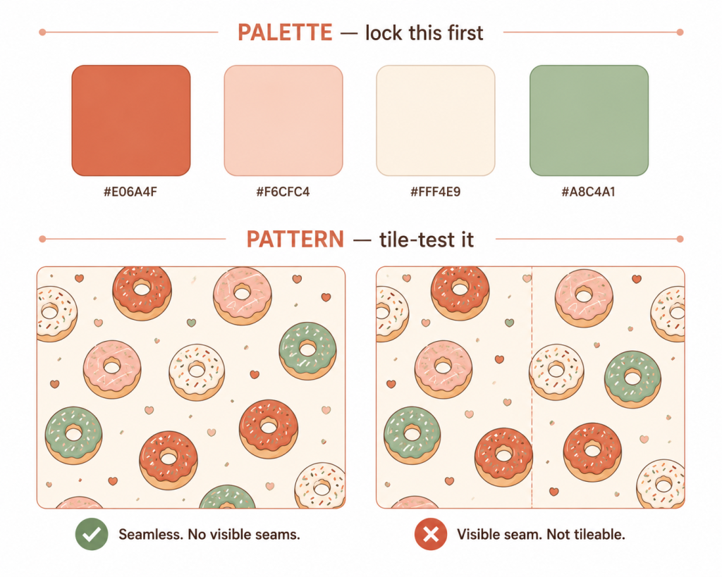 Comparison of a seamlessly tiling donut pattern versus one with visible seams