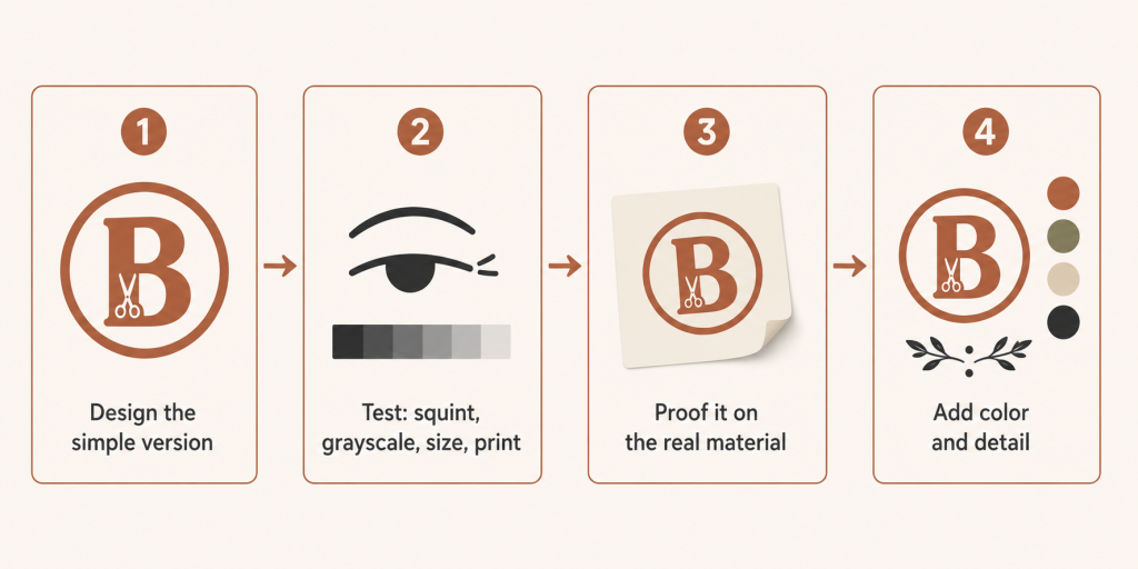 Four-step workflow diagram for designing a storefront logo that survives real-world materials